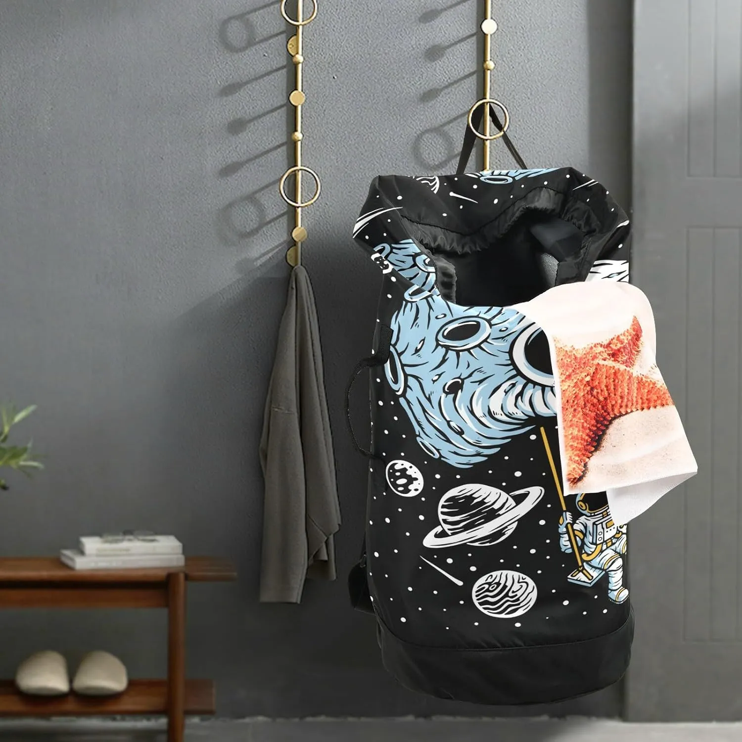 Washable Laundry Bag Backpack Large Dirty Clothes Bag with Adjustable Shoulder Strap Handles, Playing Swing on Skull Planet Extra Laundry Heavy Duty Drawstring Bag for Travel College Grey Camping