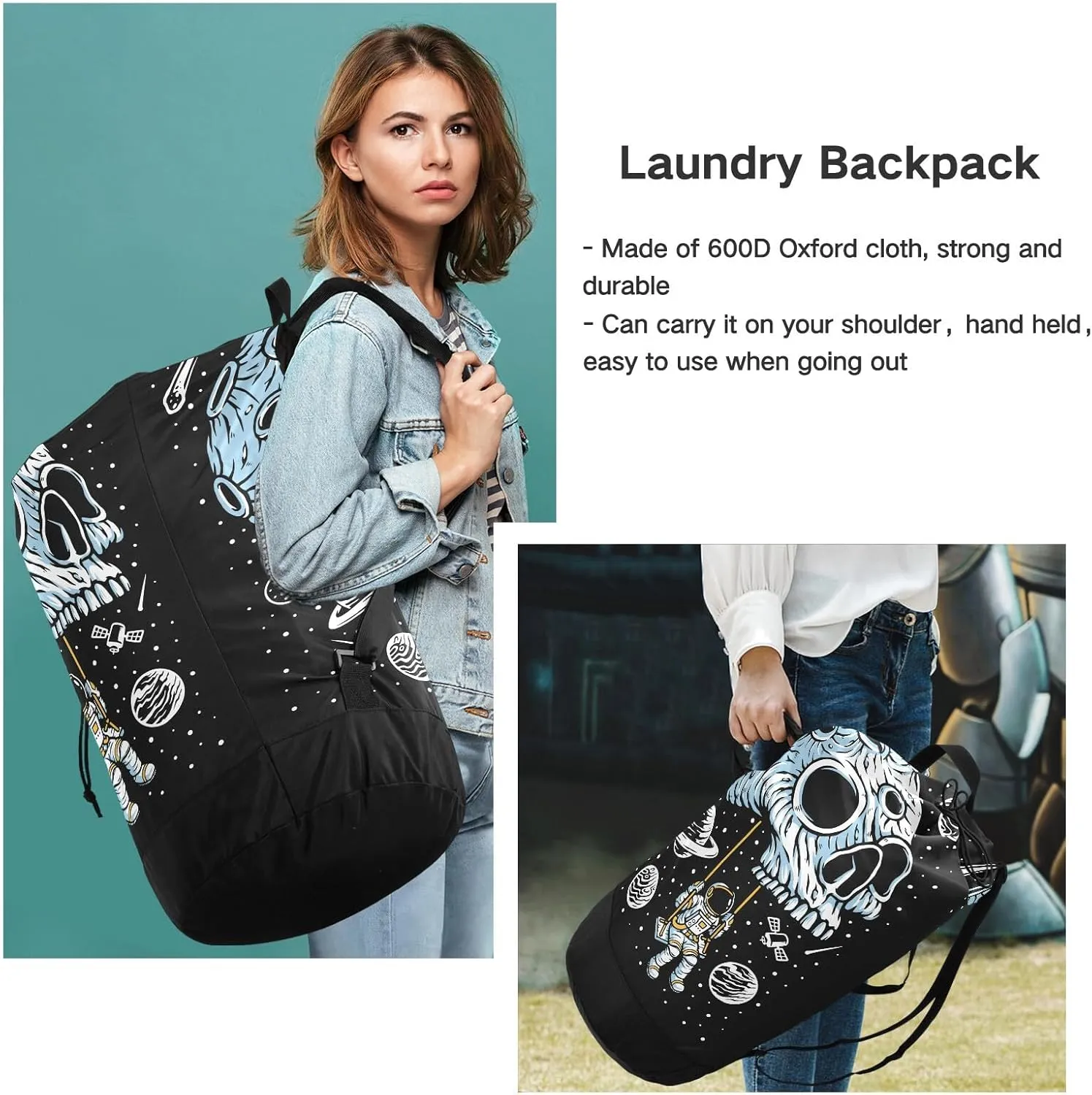 Washable Laundry Bag Backpack Large Dirty Clothes Bag with Adjustable Shoulder Strap Handles, Playing Swing on Skull Planet Extra Laundry Heavy Duty Drawstring Bag for Travel College Grey Camping