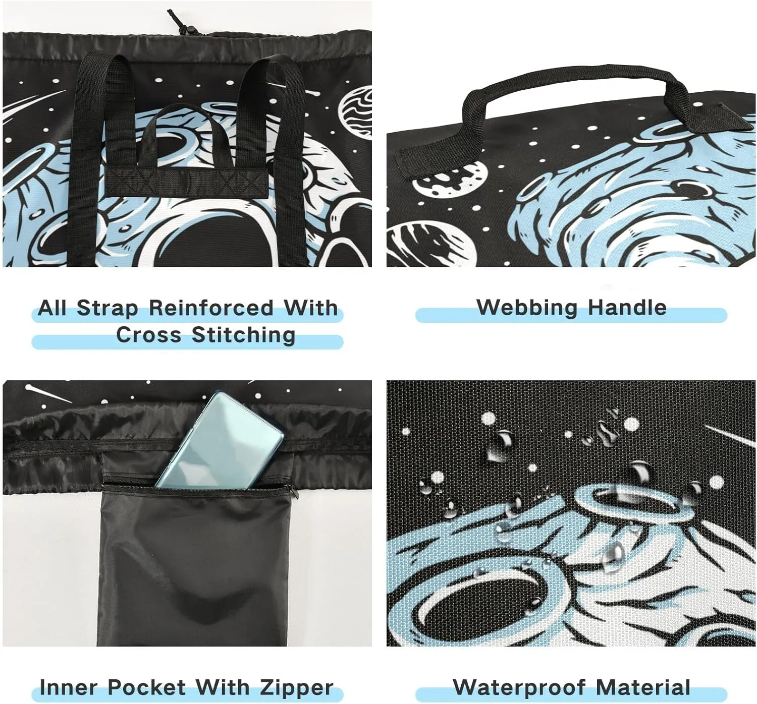 Washable Laundry Bag Backpack Large Dirty Clothes Bag with Adjustable Shoulder Strap Handles, Playing Swing on Skull Planet Extra Laundry Heavy Duty Drawstring Bag for Travel College Grey Camping