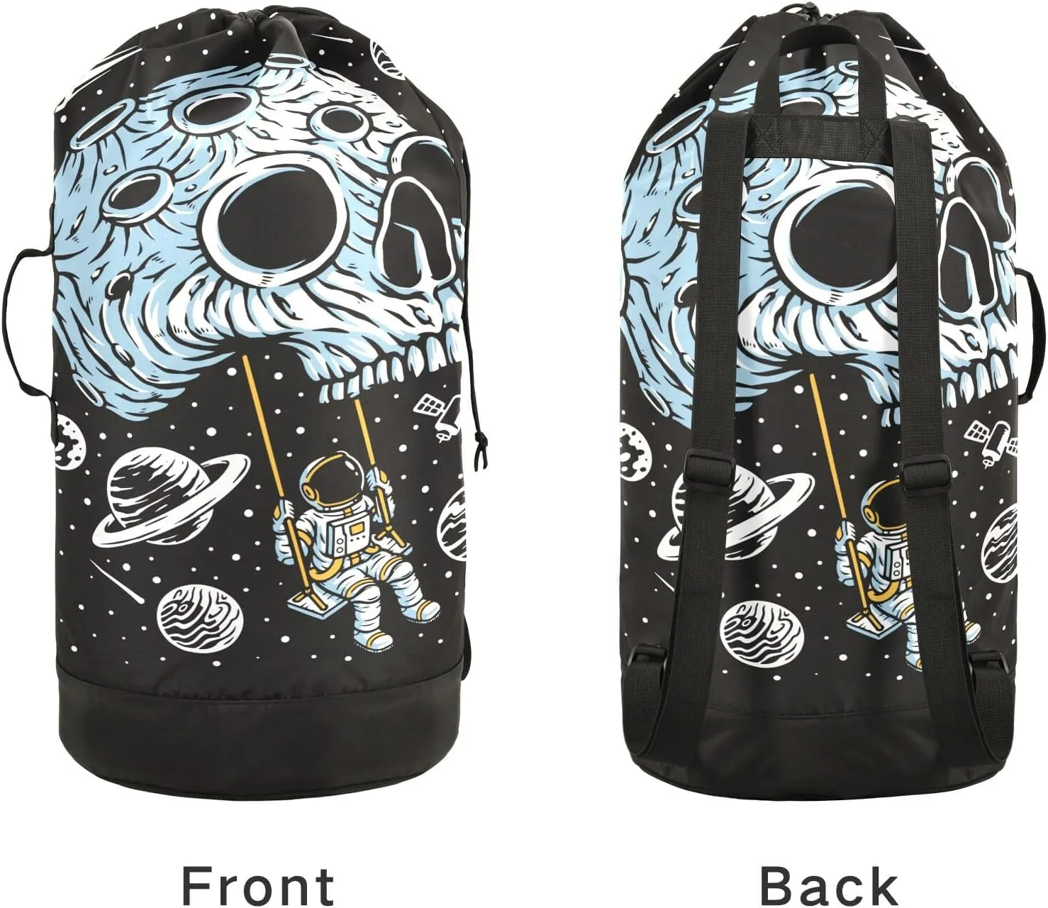 Washable Laundry Bag Backpack Large Dirty Clothes Bag with Adjustable Shoulder Strap Handles, Playing Swing on Skull Planet Extra Laundry Heavy Duty Drawstring Bag for Travel College Grey Camping