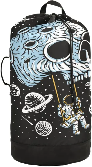 Washable Laundry Bag Backpack Large Dirty Clothes Bag with Adjustable Shoulder Strap Handles, Playing Swing on Skull Planet Extra Laundry Heavy Duty Drawstring Bag for Travel College Grey Camping