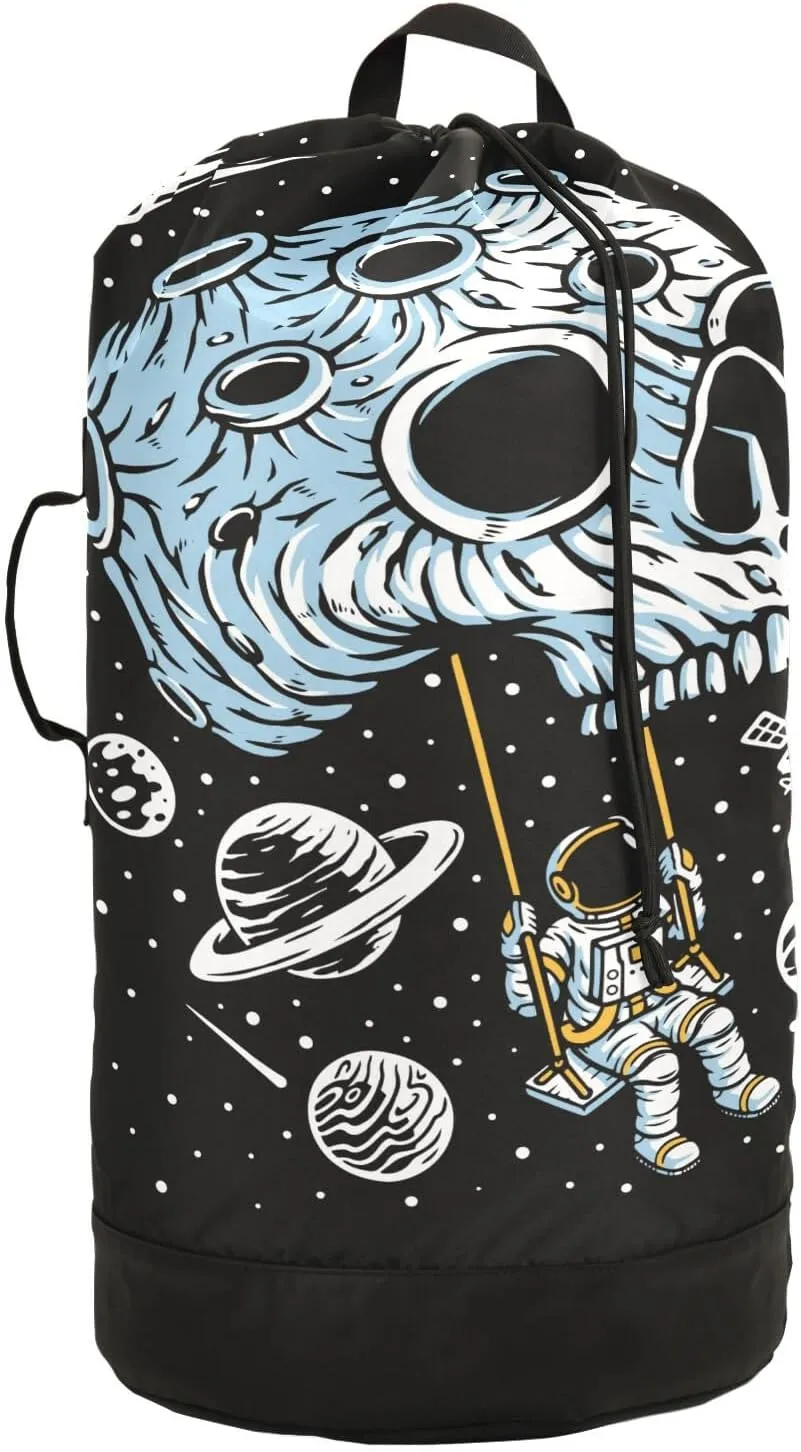 Washable Laundry Bag Backpack Large Dirty Clothes Bag with Adjustable Shoulder Strap Handles, Playing Swing on Skull Planet Extra Laundry Heavy Duty Drawstring Bag for Travel College Grey Camping