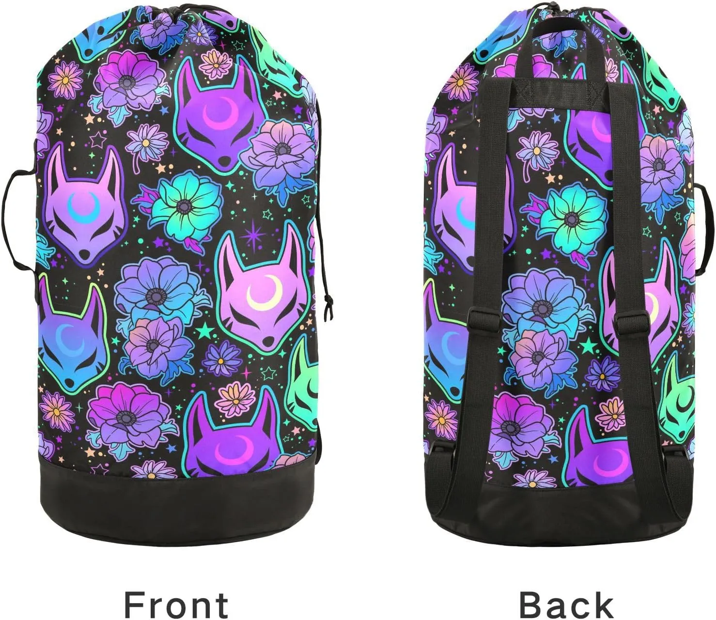 Washable Laundry Bag Backpack Large Dirty Clothes Bag with Adjustable Shoulder Strap Handles, Psychedelic Fox Camellia Purple Extra Laundry Heavy Duty Drawstring Bag for Travel College Grey Camping