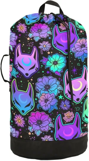 Washable Laundry Bag Backpack Large Dirty Clothes Bag with Adjustable Shoulder Strap Handles, Psychedelic Fox Camellia Purple Extra Laundry Heavy Duty Drawstring Bag for Travel College Grey Camping
