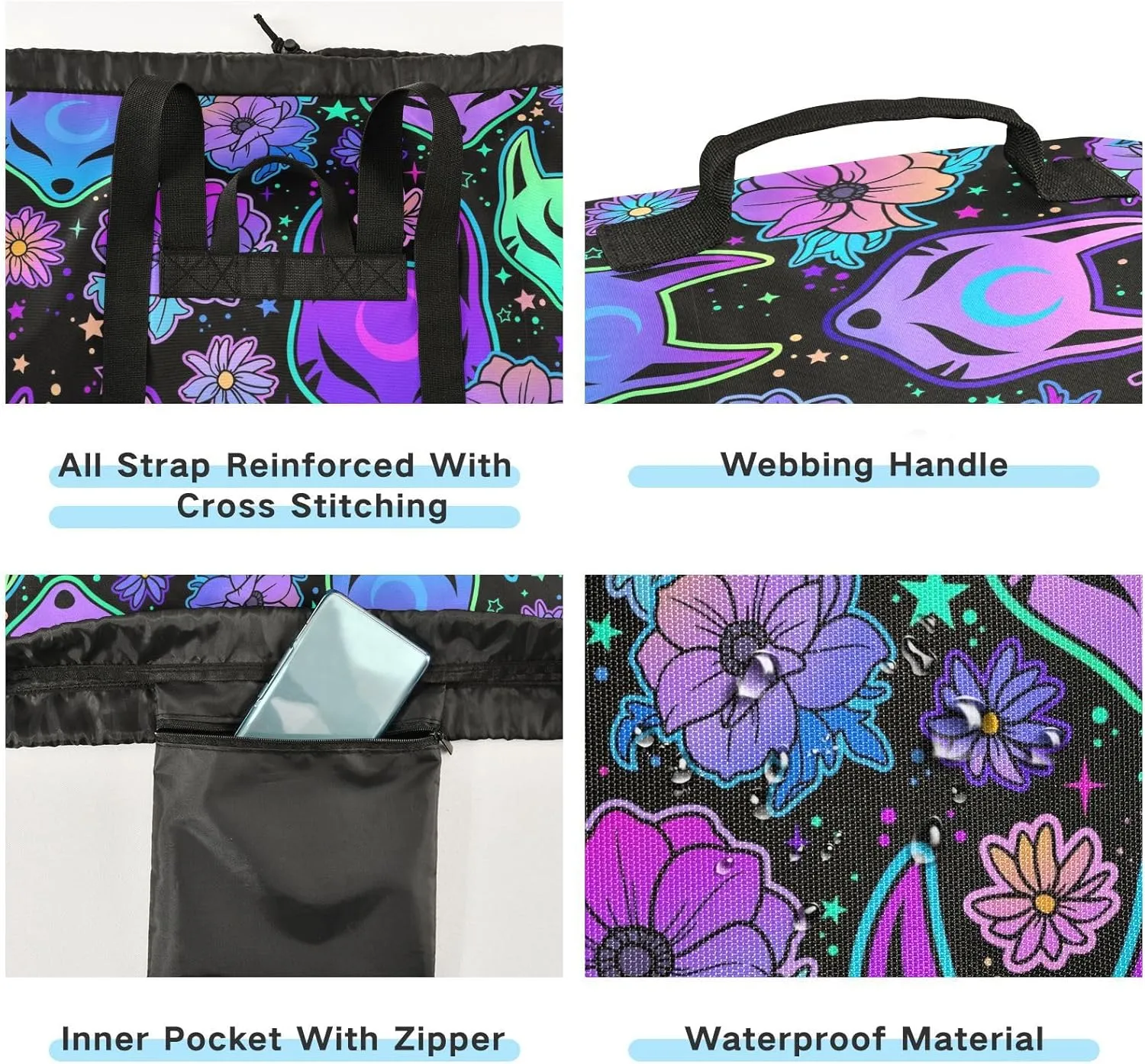 Washable Laundry Bag Backpack Large Dirty Clothes Bag with Adjustable Shoulder Strap Handles, Psychedelic Fox Camellia Purple Extra Laundry Heavy Duty Drawstring Bag for Travel College Grey Camping