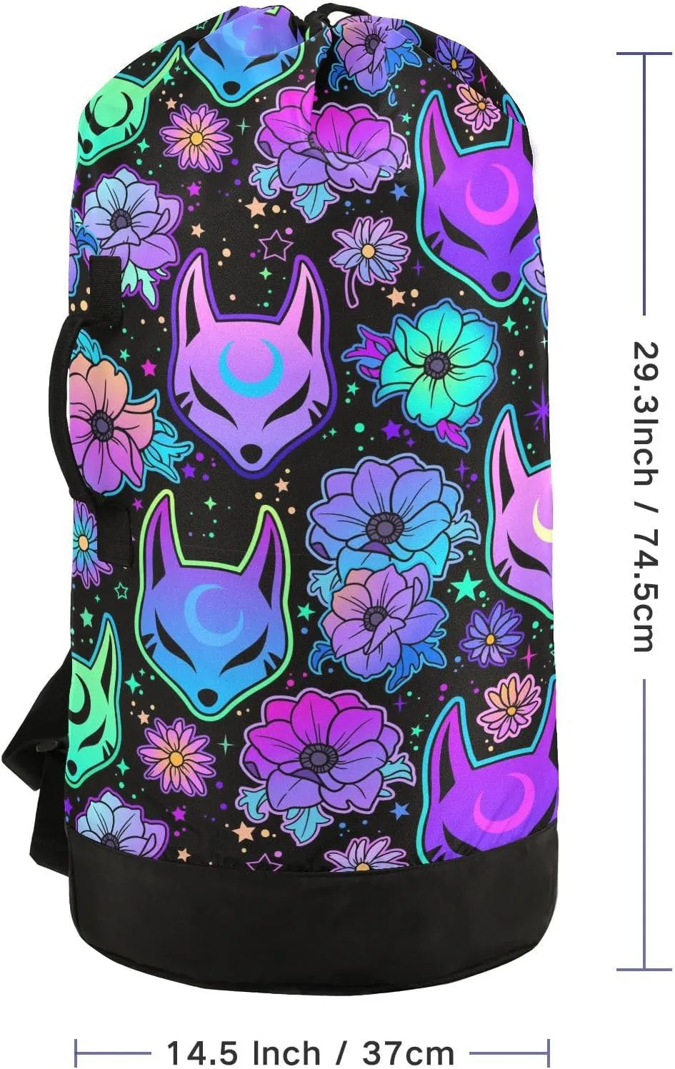 Washable Laundry Bag Backpack Large Dirty Clothes Bag with Adjustable Shoulder Strap Handles, Psychedelic Fox Camellia Purple Extra Laundry Heavy Duty Drawstring Bag for Travel College Grey Camping