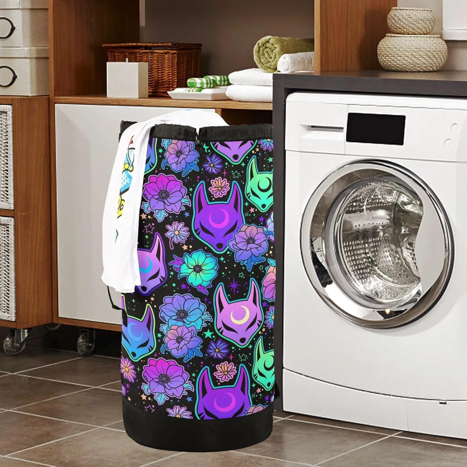 Washable Laundry Bag Backpack Large Dirty Clothes Bag with Adjustable Shoulder Strap Handles, Psychedelic Fox Camellia Purple Extra Laundry Heavy Duty Drawstring Bag for Travel College Grey Camping