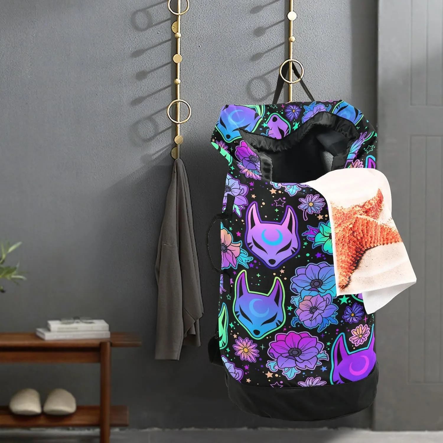 Washable Laundry Bag Backpack Large Dirty Clothes Bag with Adjustable Shoulder Strap Handles, Psychedelic Fox Camellia Purple Extra Laundry Heavy Duty Drawstring Bag for Travel College Grey Camping