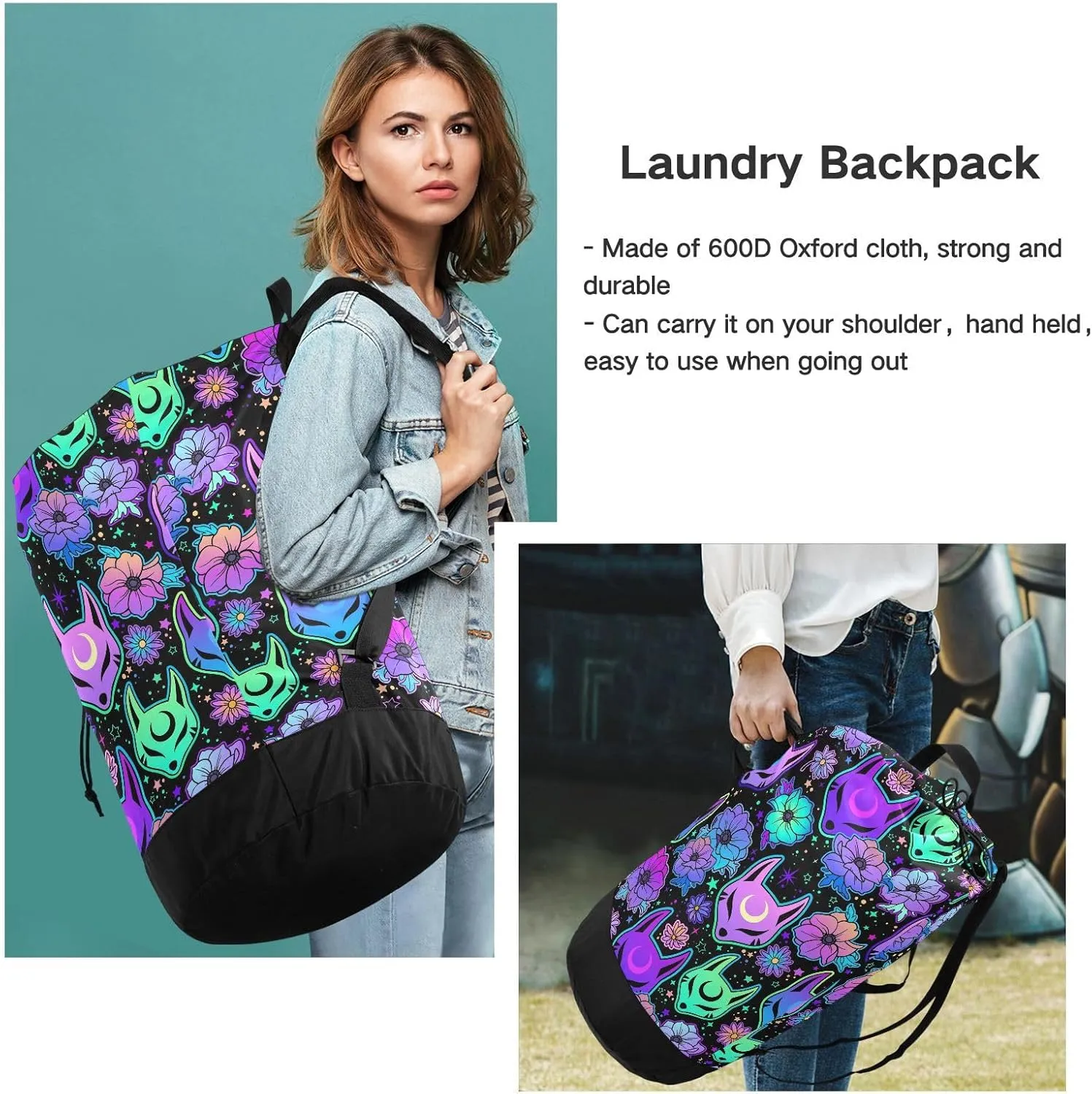 Washable Laundry Bag Backpack Large Dirty Clothes Bag with Adjustable Shoulder Strap Handles, Psychedelic Fox Camellia Purple Extra Laundry Heavy Duty Drawstring Bag for Travel College Grey Camping