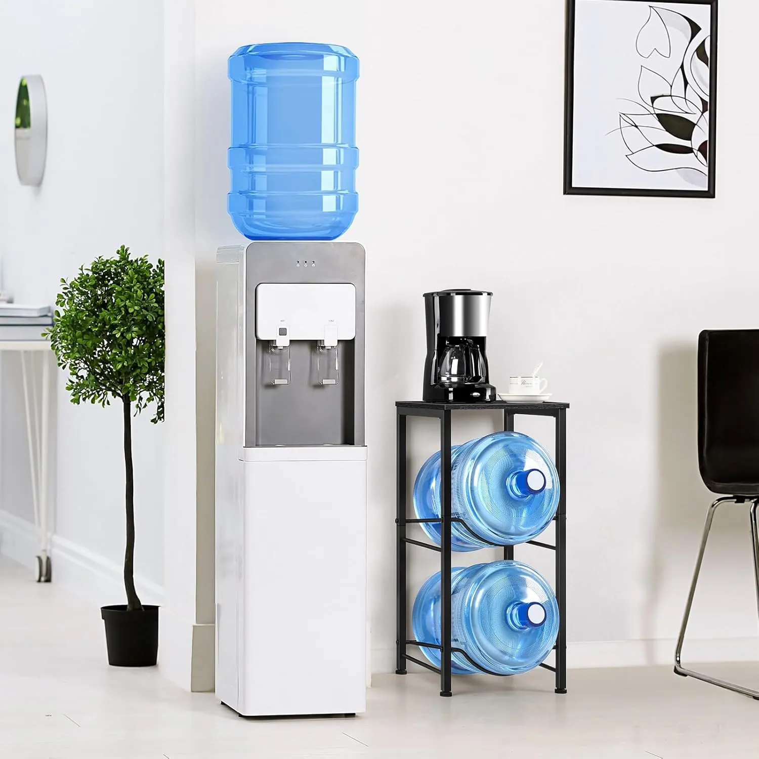 Water Jug Holder 5 Gallon Water Bottle Holder Stand With Storage Shelf, 2 Tier 5 Gal Water Jug Storage Rack with 2 Slots for Kitchen Living Room Home Office, Black