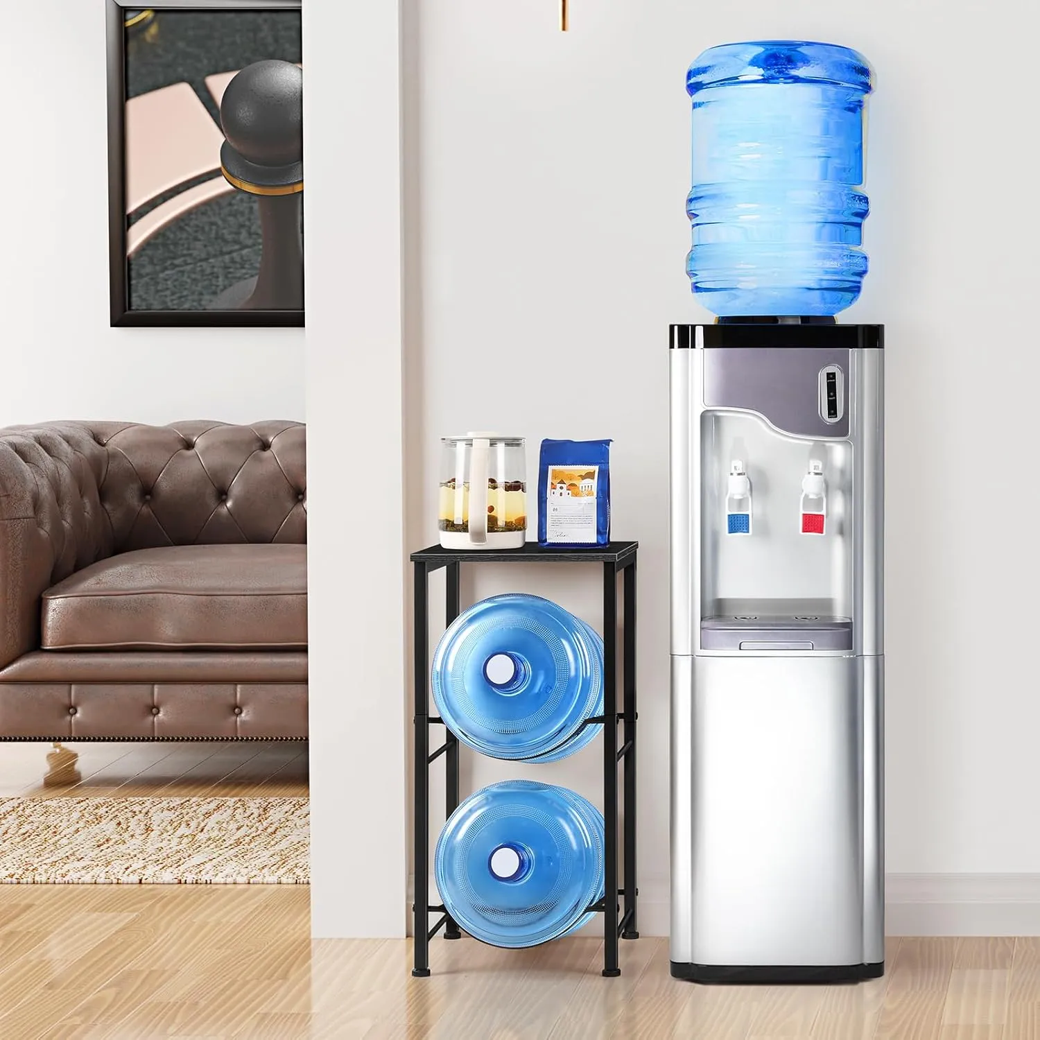 Water Jug Holder 5 Gallon Water Bottle Holder Stand With Storage Shelf, 2 Tier 5 Gal Water Jug Storage Rack with 2 Slots for Kitchen Living Room Home Office, Black