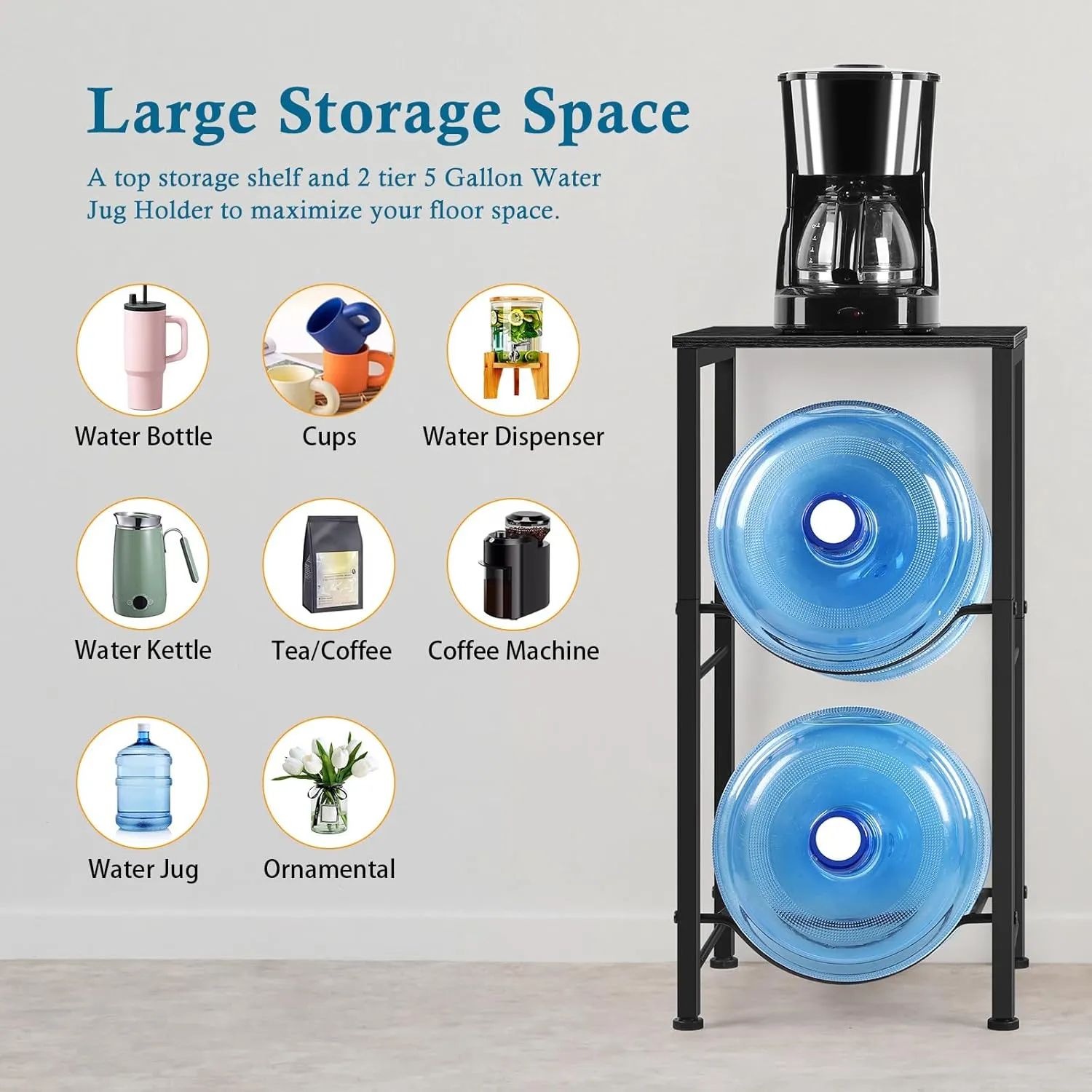 Water Jug Holder 5 Gallon Water Bottle Holder Stand With Storage Shelf, 2 Tier 5 Gal Water Jug Storage Rack with 2 Slots for Kitchen Living Room Home Office, Black