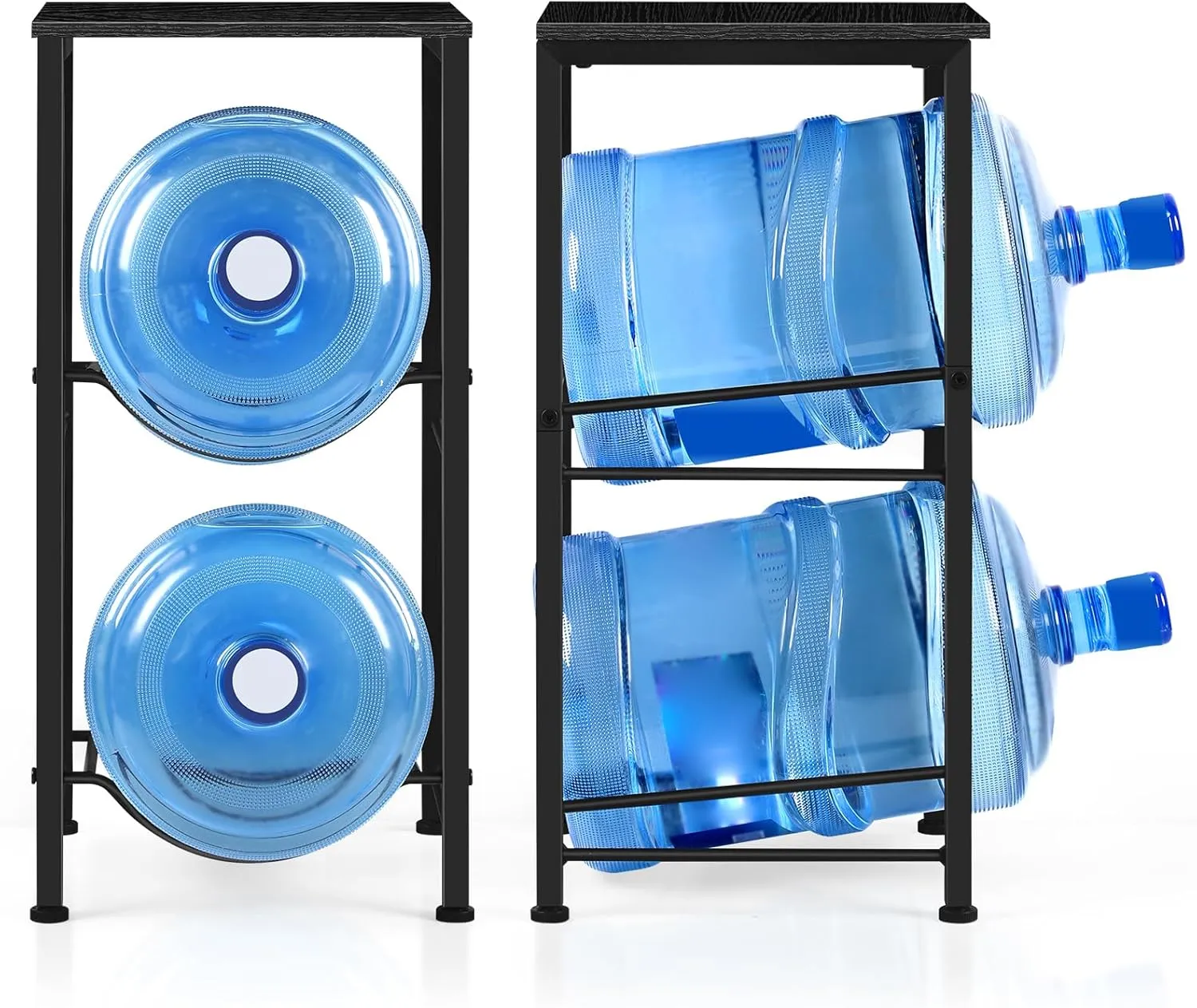 Water Jug Holder 5 Gallon Water Bottle Holder Stand With Storage Shelf, 2 Tier 5 Gal Water Jug Storage Rack with 2 Slots for Kitchen Living Room Home Office, Black