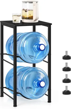 Water Jug Holder 5 Gallon Water Bottle Holder Stand With Storage Shelf, 2 Tier 5 Gal Water Jug Storage Rack with 2 Slots for Kitchen Living Room Home Office, Black
