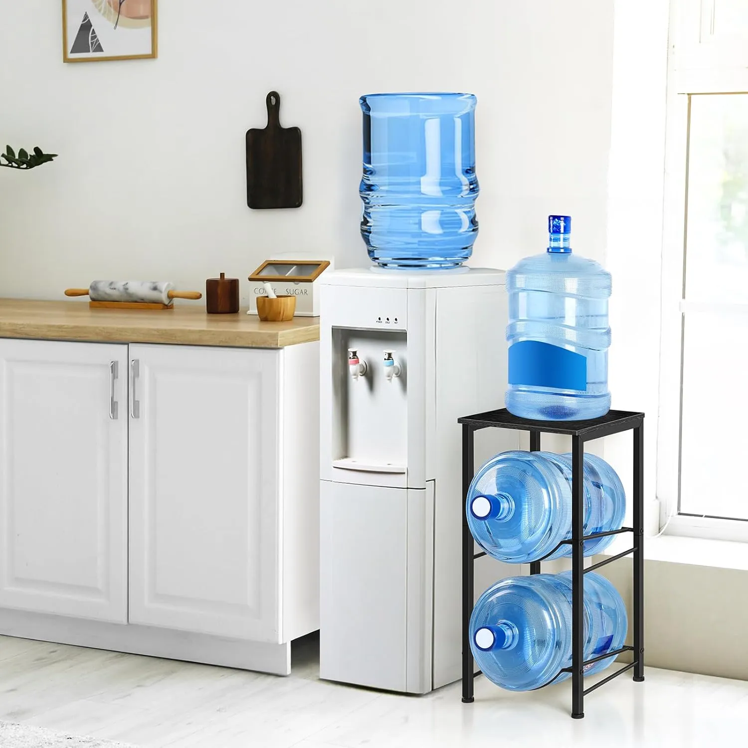 Water Jug Holder 5 Gallon Water Bottle Holder Stand With Storage Shelf, 2 Tier 5 Gal Water Jug Storage Rack with 2 Slots for Kitchen Living Room Home Office, Black