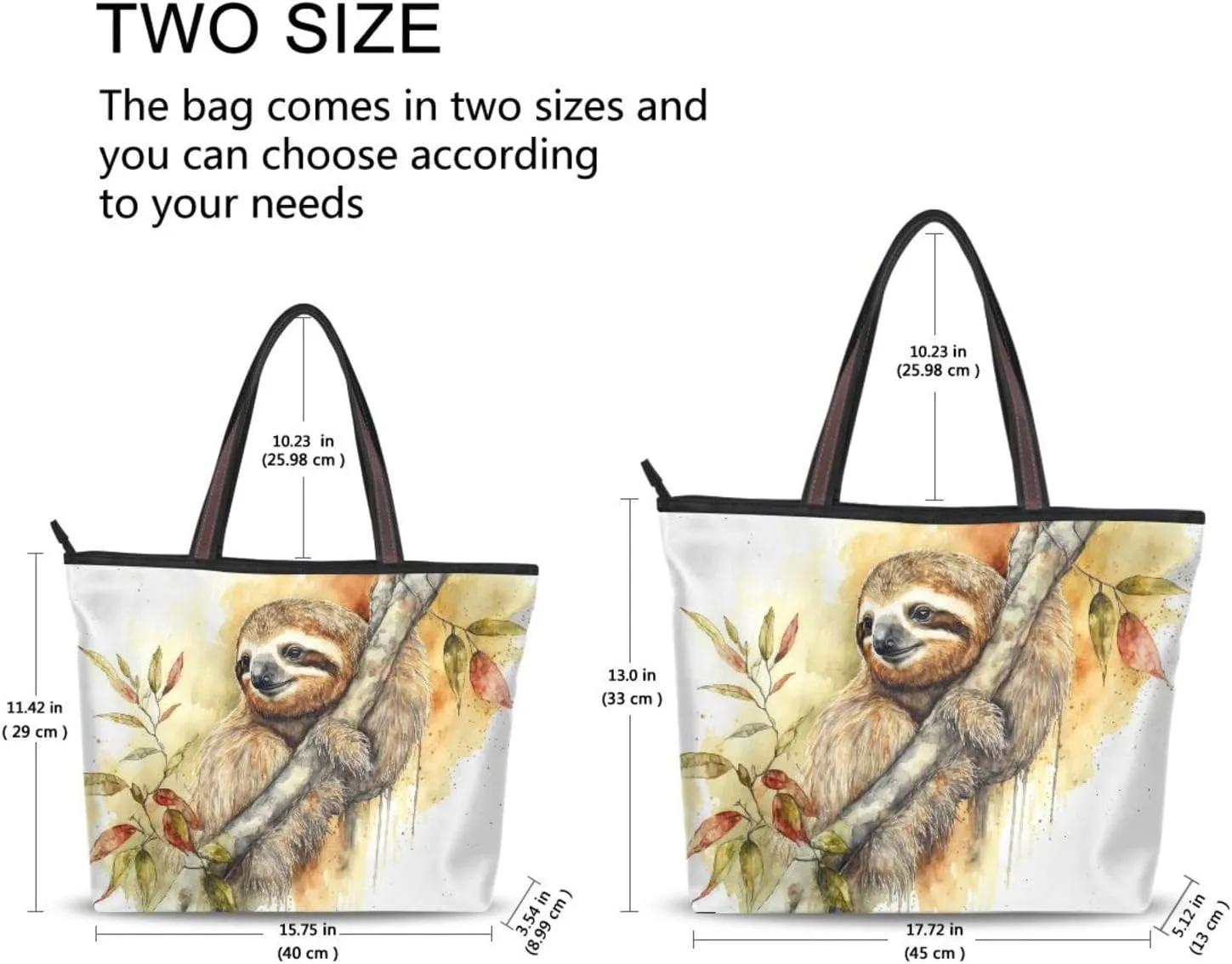Watercolor Sloth Women Tote Bag, Zipper Shoulder Bag Reusable Grocery Bag Handbag