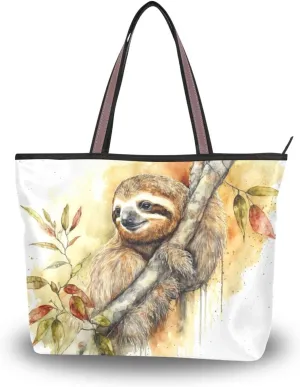 Watercolor Sloth Women Tote Bag, Zipper Shoulder Bag Reusable Grocery Bag Handbag