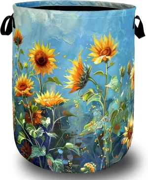 Watercolor Sunflower Laundry Basket Flowers Funny Laundry Hamper Foldable Oxford Cloth Floral Colorful Tote Bag Clothe Toy Storage Bucket 18.9" x 16.5" For Bathroom/Laundry Storage/Bedroom