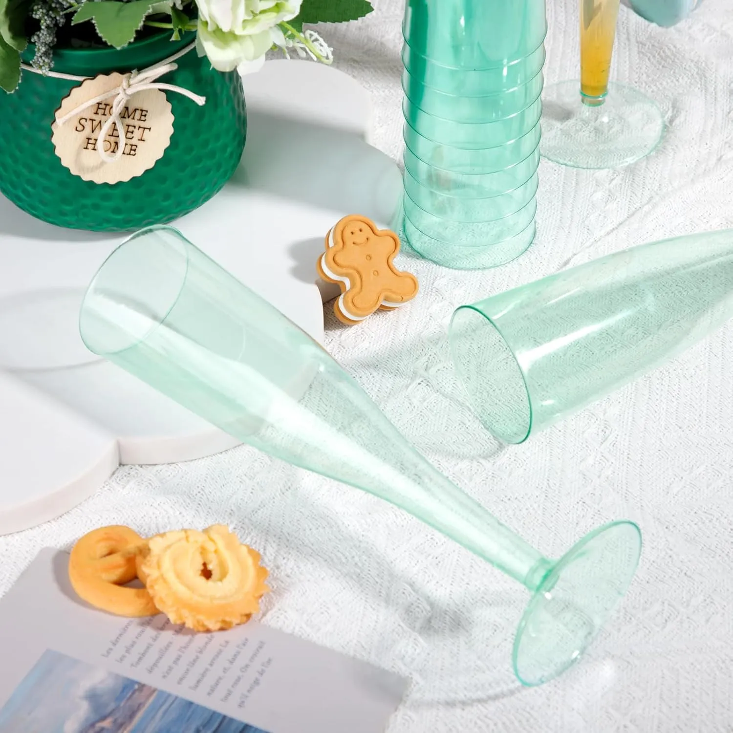 WDF 36 Pack Clear Green Plastic Champagne Flutes - 7OZ Green Champagne Flutes Plastic, Champagne Glasses Disposable for Party & Wedding