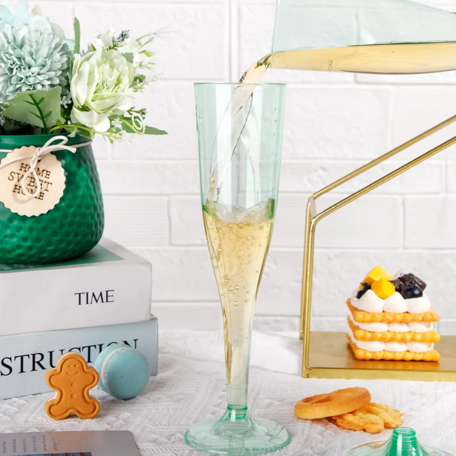 WDF 36 Pack Clear Green Plastic Champagne Flutes - 7OZ Green Champagne Flutes Plastic, Champagne Glasses Disposable for Party & Wedding