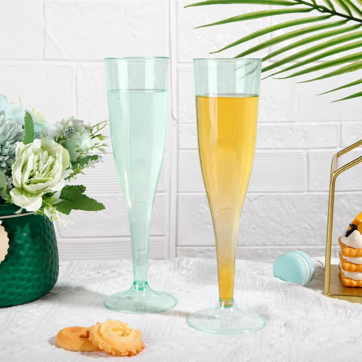 WDF 36 Pack Clear Green Plastic Champagne Flutes - 7OZ Green Champagne Flutes Plastic, Champagne Glasses Disposable for Party & Wedding