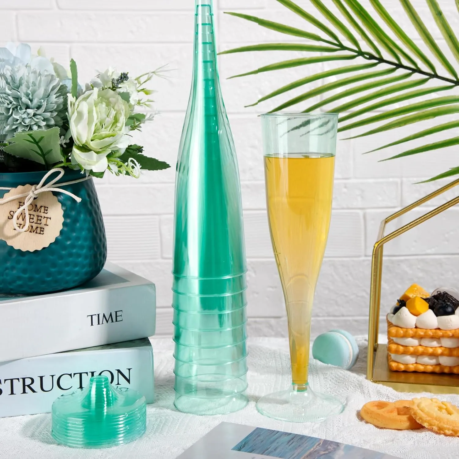 WDF 36 Pack Clear Green Plastic Champagne Flutes - 7OZ Green Champagne Flutes Plastic, Champagne Glasses Disposable for Party & Wedding