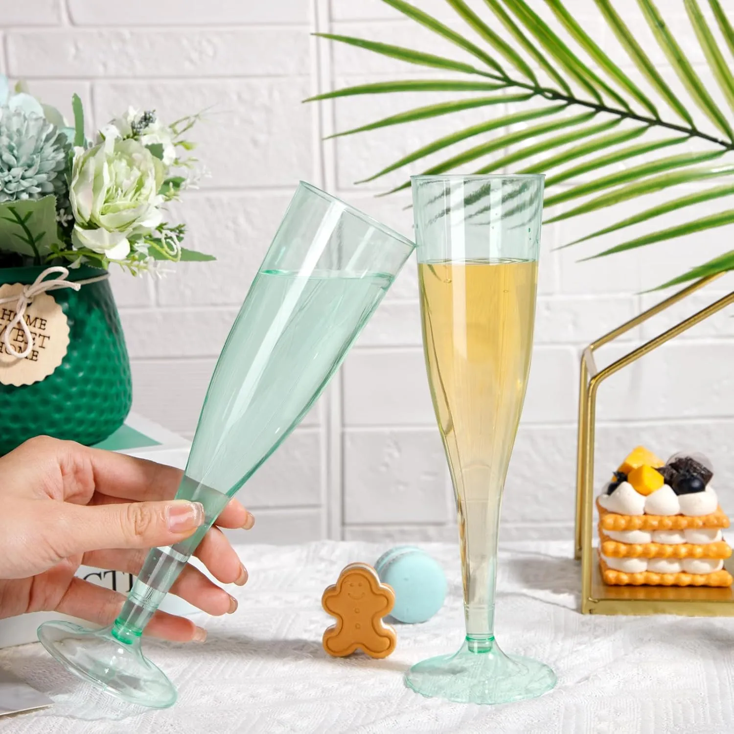 WDF 36 Pack Clear Green Plastic Champagne Flutes - 7OZ Green Champagne Flutes Plastic, Champagne Glasses Disposable for Party & Wedding