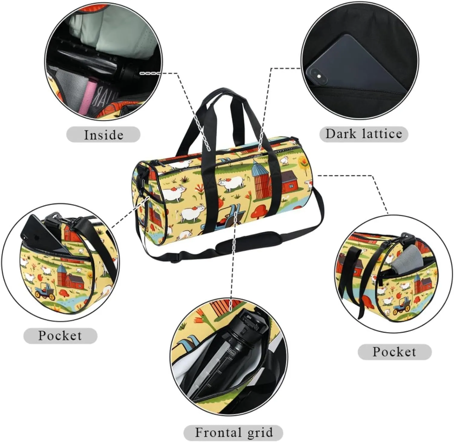 Weekender Travel Bag,Small Gym Bag,Cartoon Cute Farm Elements,Gym Duffle Bag