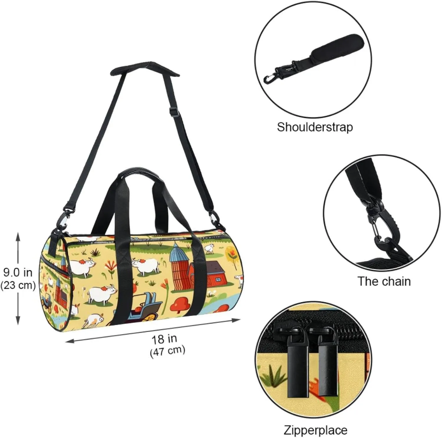 Weekender Travel Bag,Small Gym Bag,Cartoon Cute Farm Elements,Gym Duffle Bag