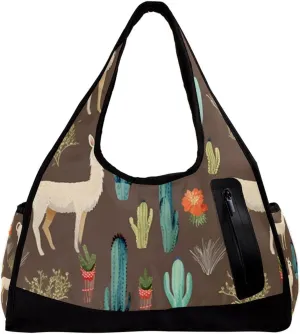 Weekender Travel Bag,Small Gym Bag,Cartoon Llamas Plant Flowers,Gym Duffle Bag