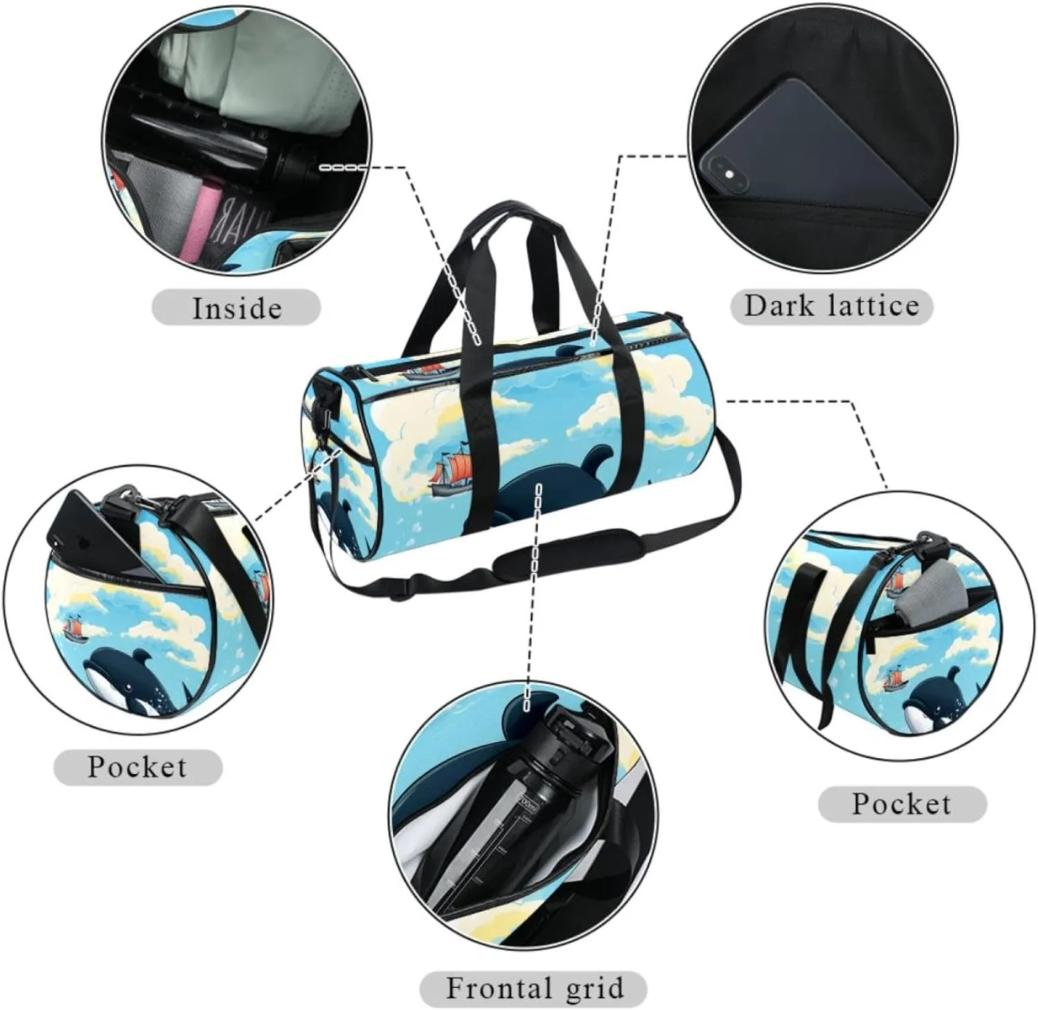 Weekender Travel Bag,Small Gym Bag,Cartoon Whale Swimming,Gym Duffle Bag