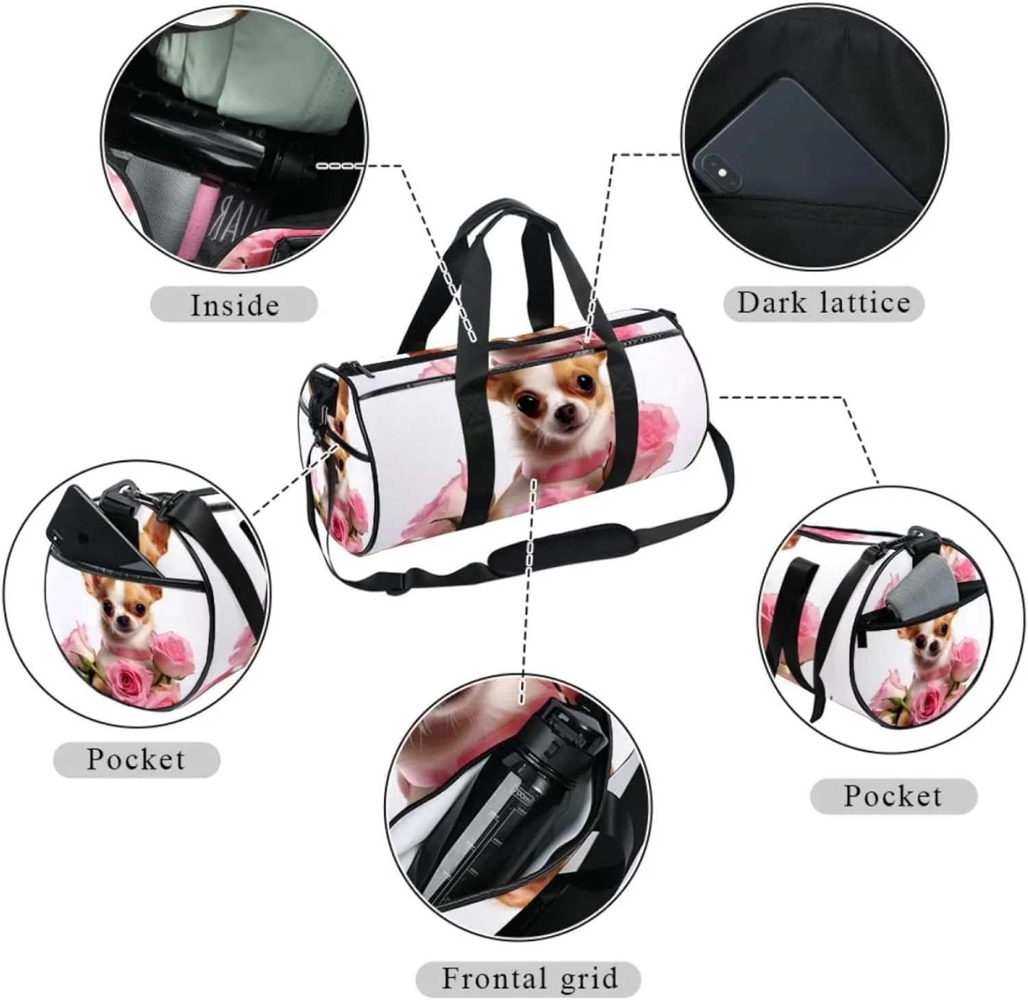 Weekender Travel Bag,Small Gym Bag,Chihuahua Dog and Rose,Gym Duffle Bag