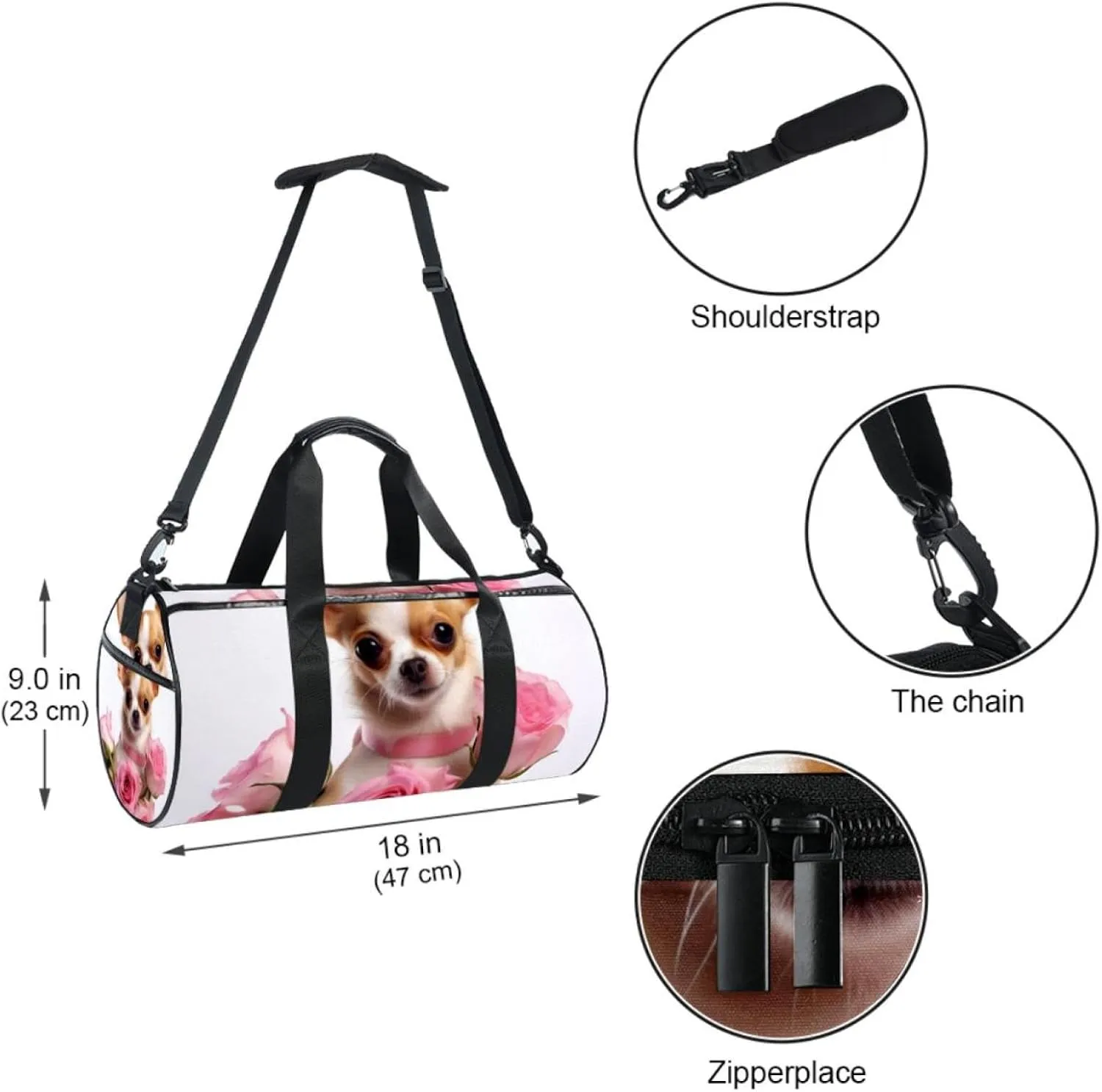 Weekender Travel Bag,Small Gym Bag,Chihuahua Dog and Rose,Gym Duffle Bag