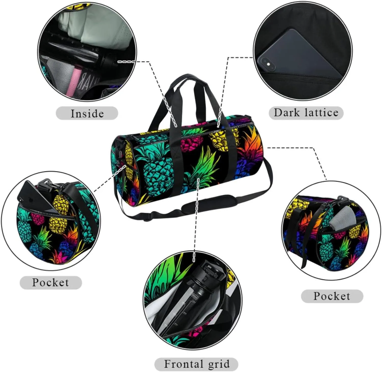 Weekender Travel Bag,Small Gym Bag,Colored Pineapple,Gym Duffle Bag
