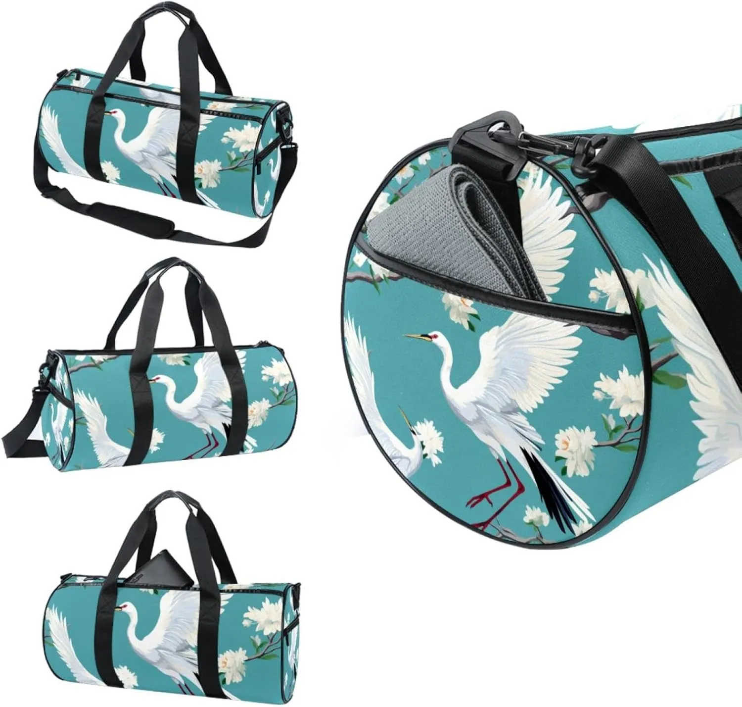Weekender Travel Bag,Small Gym Bag,Crane Floral Green Background,Gym Duffle Bag