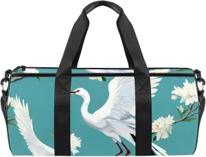 Weekender Travel Bag,Small Gym Bag,Crane Floral Green Background,Gym Duffle Bag