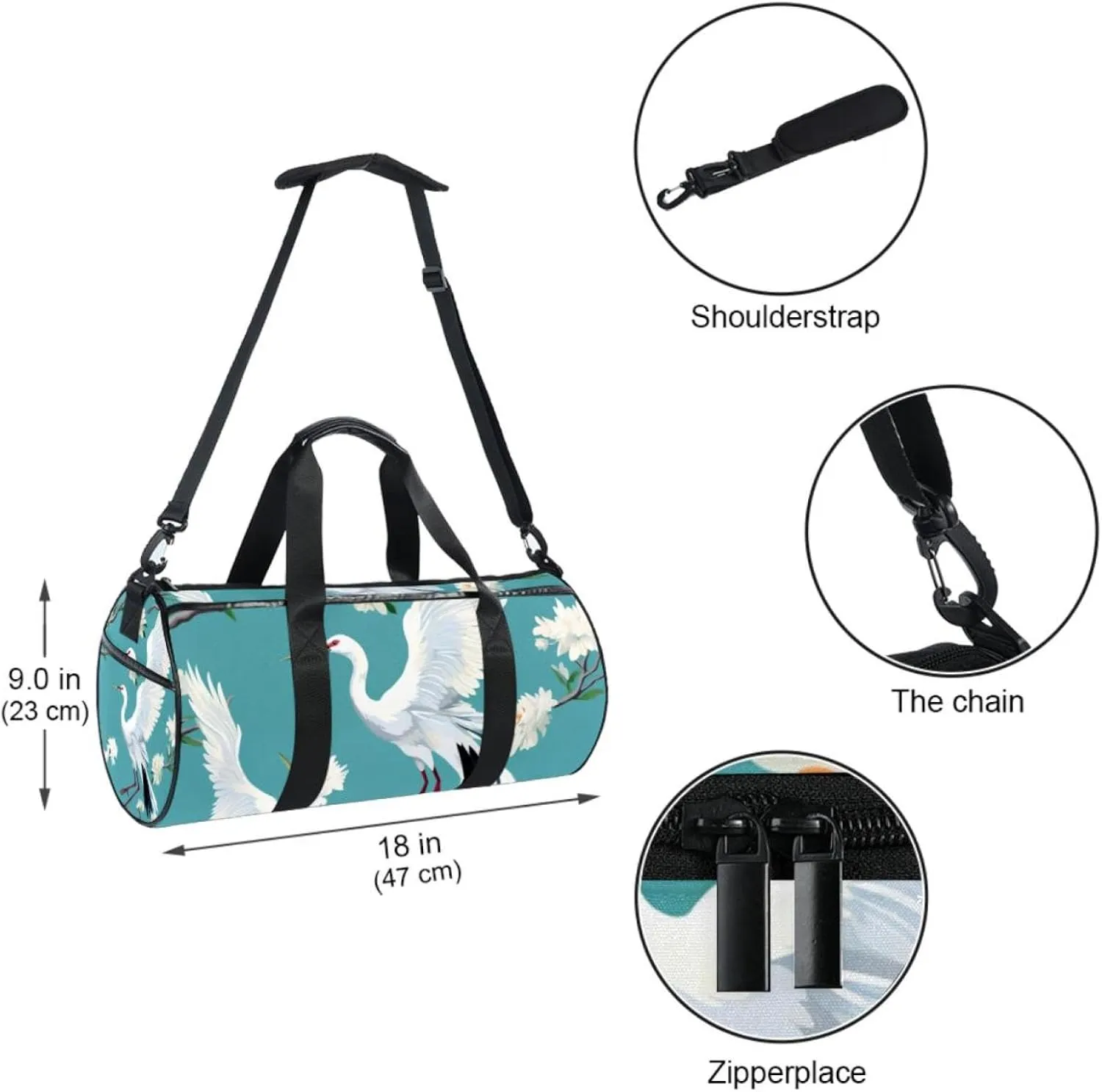 Weekender Travel Bag,Small Gym Bag,Crane Floral Green Background,Gym Duffle Bag