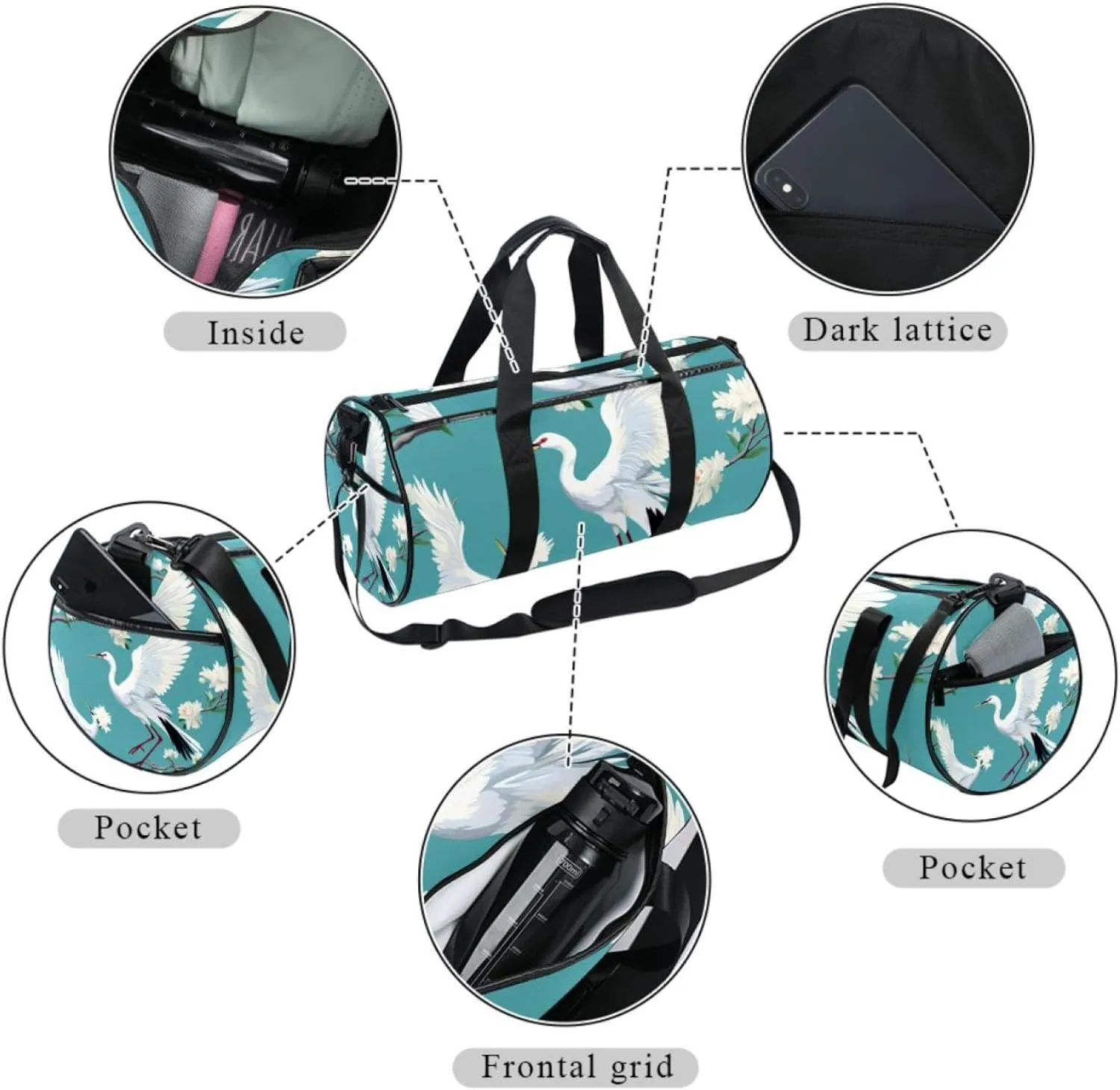 Weekender Travel Bag,Small Gym Bag,Crane Floral Green Background,Gym Duffle Bag