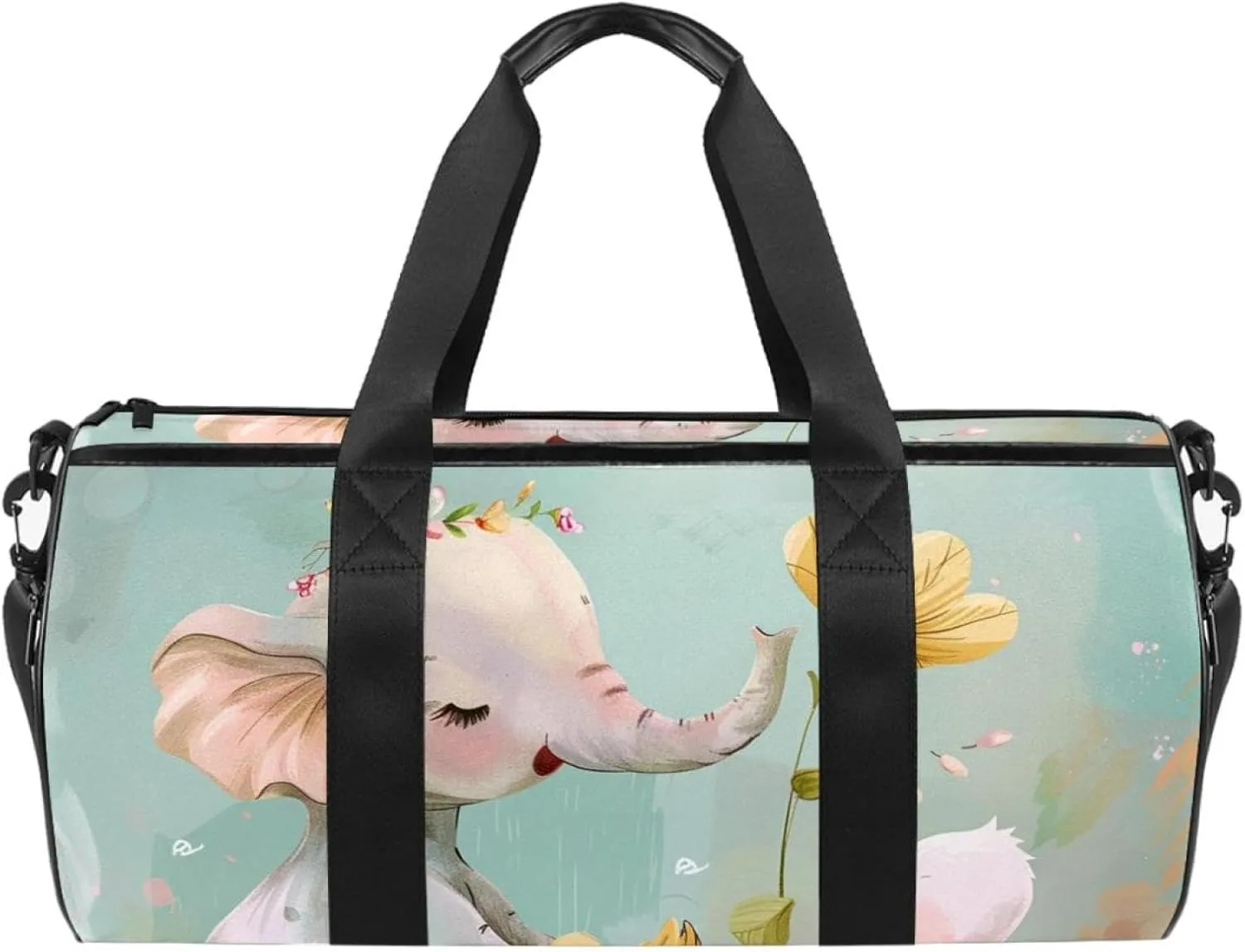 Weekender Travel Bag,Small Gym Bag,Flower Bush Rabbit and Elephant,Gym Duffle Bag