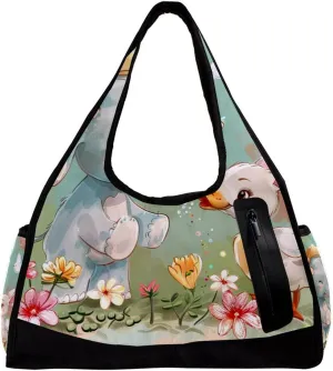 Weekender Travel Bag,Small Gym Bag,Flower Bush Rabbit and Elephant,Gym Duffle Bag
