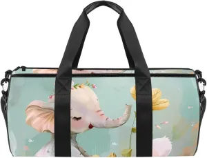 Weekender Travel Bag,Small Gym Bag,Flower Bush Rabbit and Elephant,Gym Duffle Bag