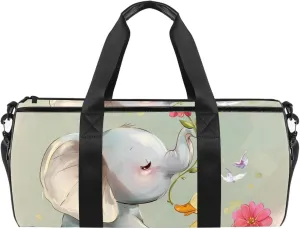 Weekender Travel Bag,Small Gym Bag,Flower Bush Rabbit and Elephant,Gym Duffle Bag