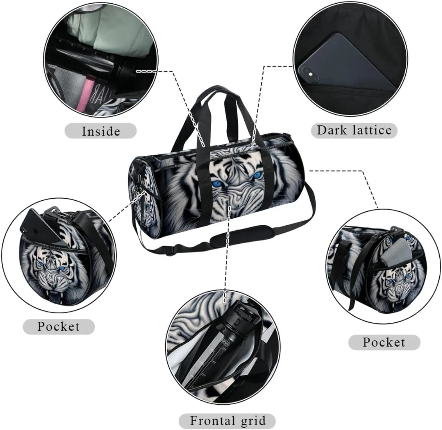 Weekender Travel Bag,Small Gym Bag,Scary Tiger Portrait,Gym Duffle Bag