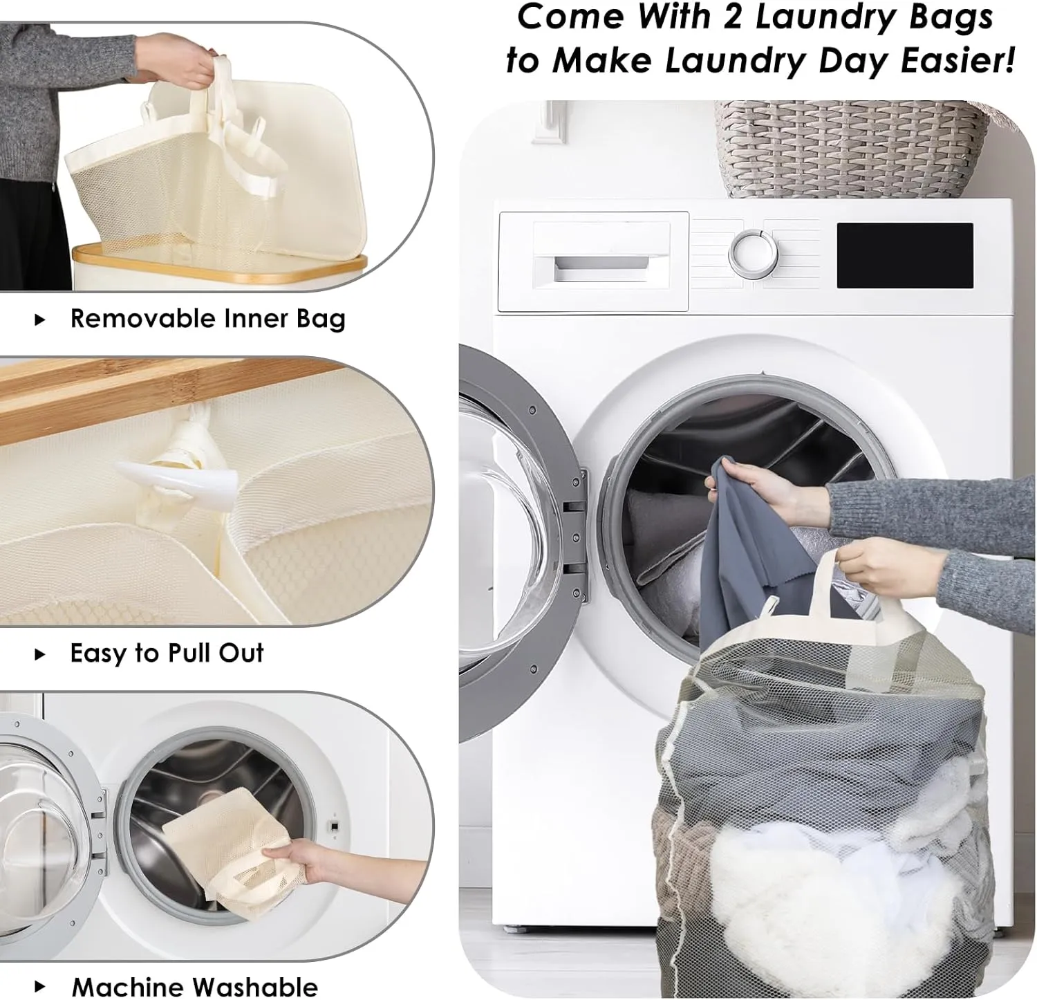 WELTRXE 150L Large Laundry Hamper with Wheels, Double Laundry Hamper with Lid, with Bamboo Handles and Removable Laundry Bags, Foldable Clothes Hampers for Laundry for Bedroom, Bathroom, Dorm, Beige