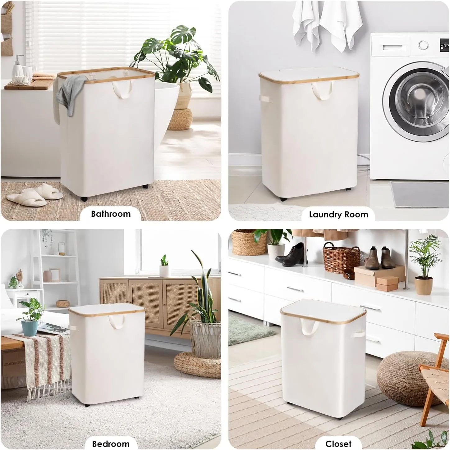 WELTRXE 150L Large Laundry Hamper with Wheels, Double Laundry Hamper with Lid, with Bamboo Handles and Removable Laundry Bags, Foldable Clothes Hampers for Laundry for Bedroom, Bathroom, Dorm, Beige