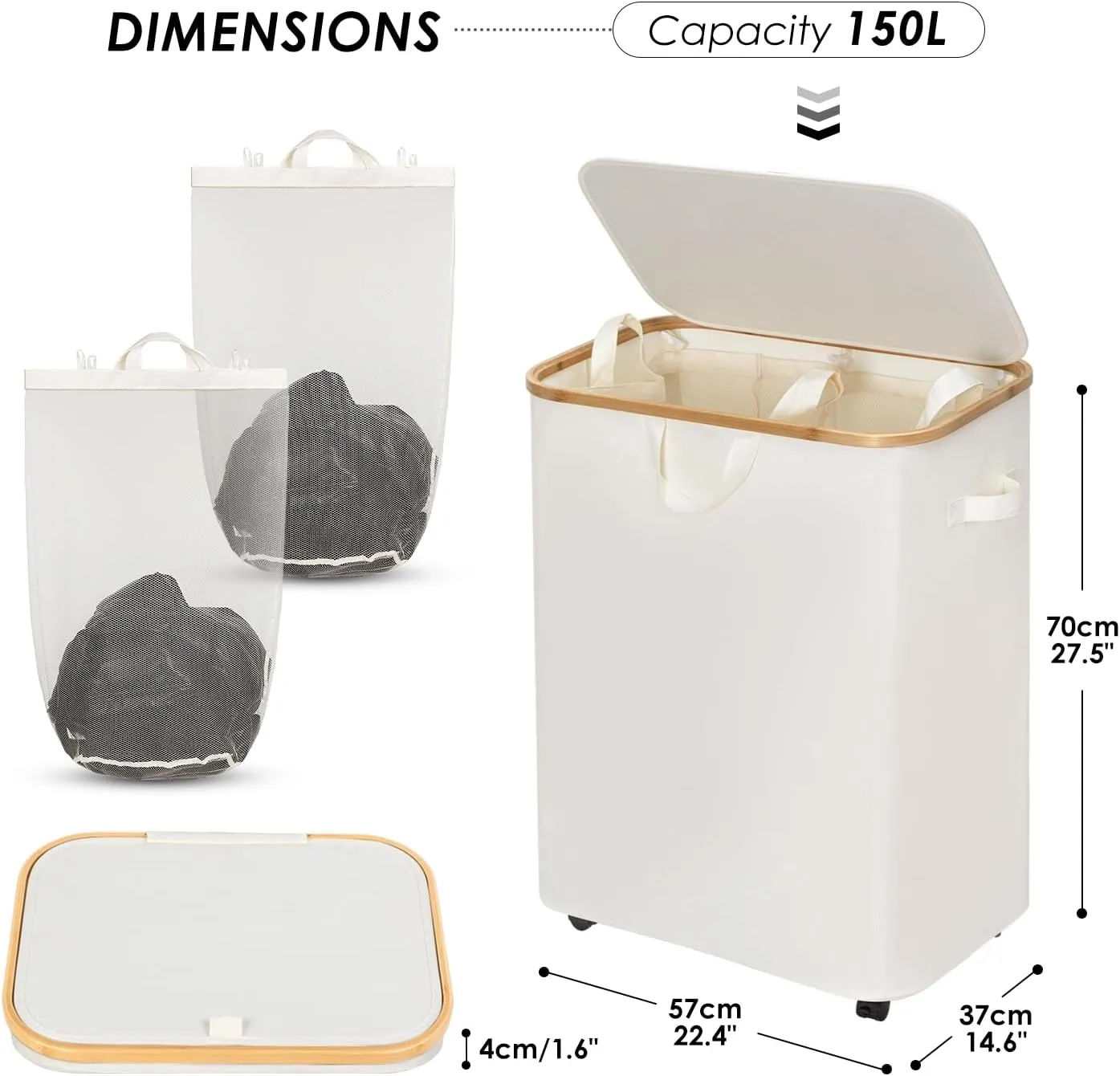 WELTRXE 150L Large Laundry Hamper with Wheels, Double Laundry Hamper with Lid, with Bamboo Handles and Removable Laundry Bags, Foldable Clothes Hampers for Laundry for Bedroom, Bathroom, Dorm, Beige