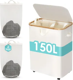 WELTRXE 150L Large Laundry Hamper with Wheels, Double Laundry Hamper with Lid, with Bamboo Handles and Removable Laundry Bags, Foldable Clothes Hampers for Laundry for Bedroom, Bathroom, Dorm, Beige