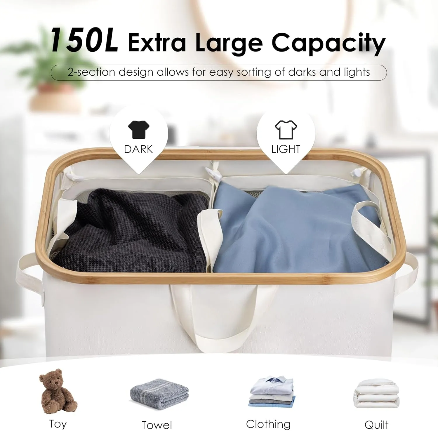 WELTRXE 150L Large Laundry Hamper with Wheels, Double Laundry Hamper with Lid, with Bamboo Handles and Removable Laundry Bags, Foldable Clothes Hampers for Laundry for Bedroom, Bathroom, Dorm, Beige