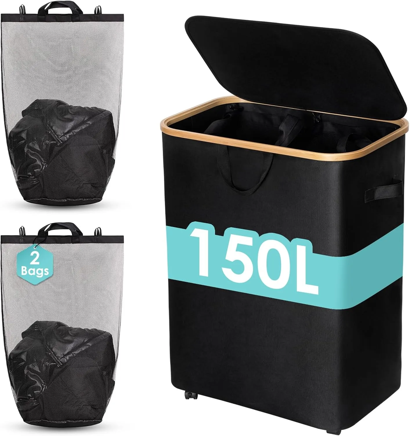 WELTRXE Laundry Basket with Wheels, 150L Extra Large Laundry Hamper, Collapsible & Waterproof with Lid and 2 Removable Inner Bag, for Laundry Room, Bedroom, Dormitory Storage, Black