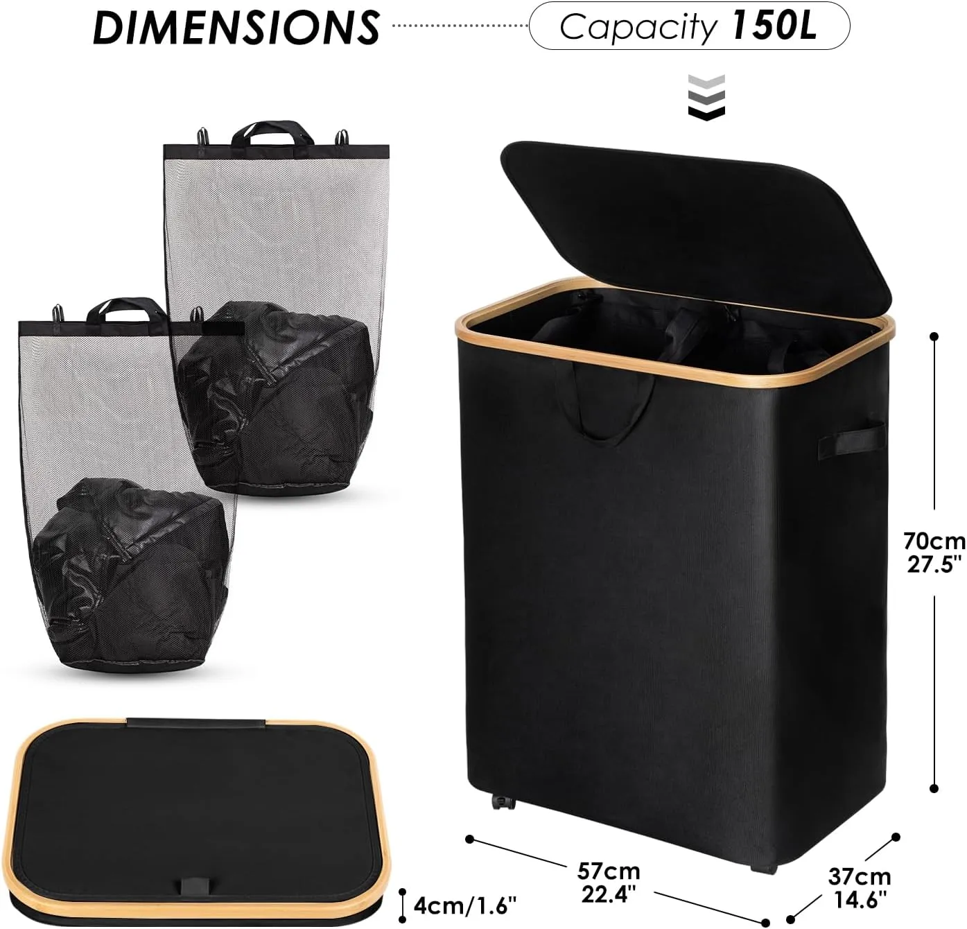 WELTRXE Laundry Basket with Wheels, 150L Extra Large Laundry Hamper, Collapsible & Waterproof with Lid and 2 Removable Inner Bag, for Laundry Room, Bedroom, Dormitory Storage, Black